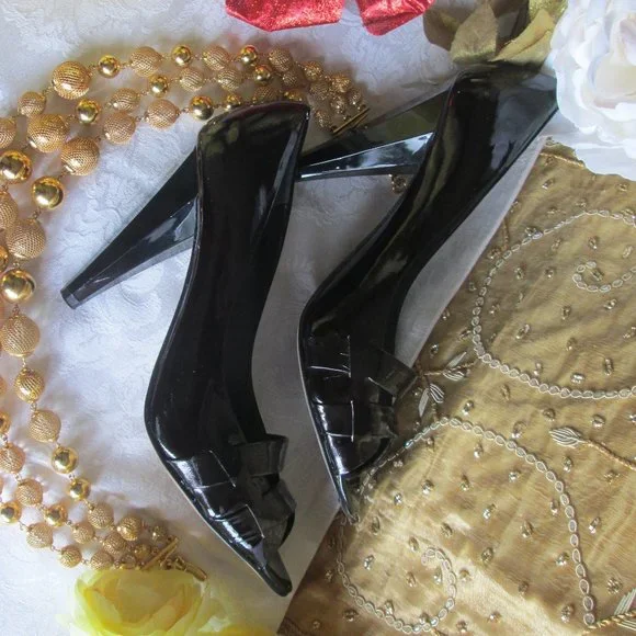 NINE WEST BLACK PATENT DOUBLE BAND PEEP-TOE HEELS – 7M - Picture 6 of 15